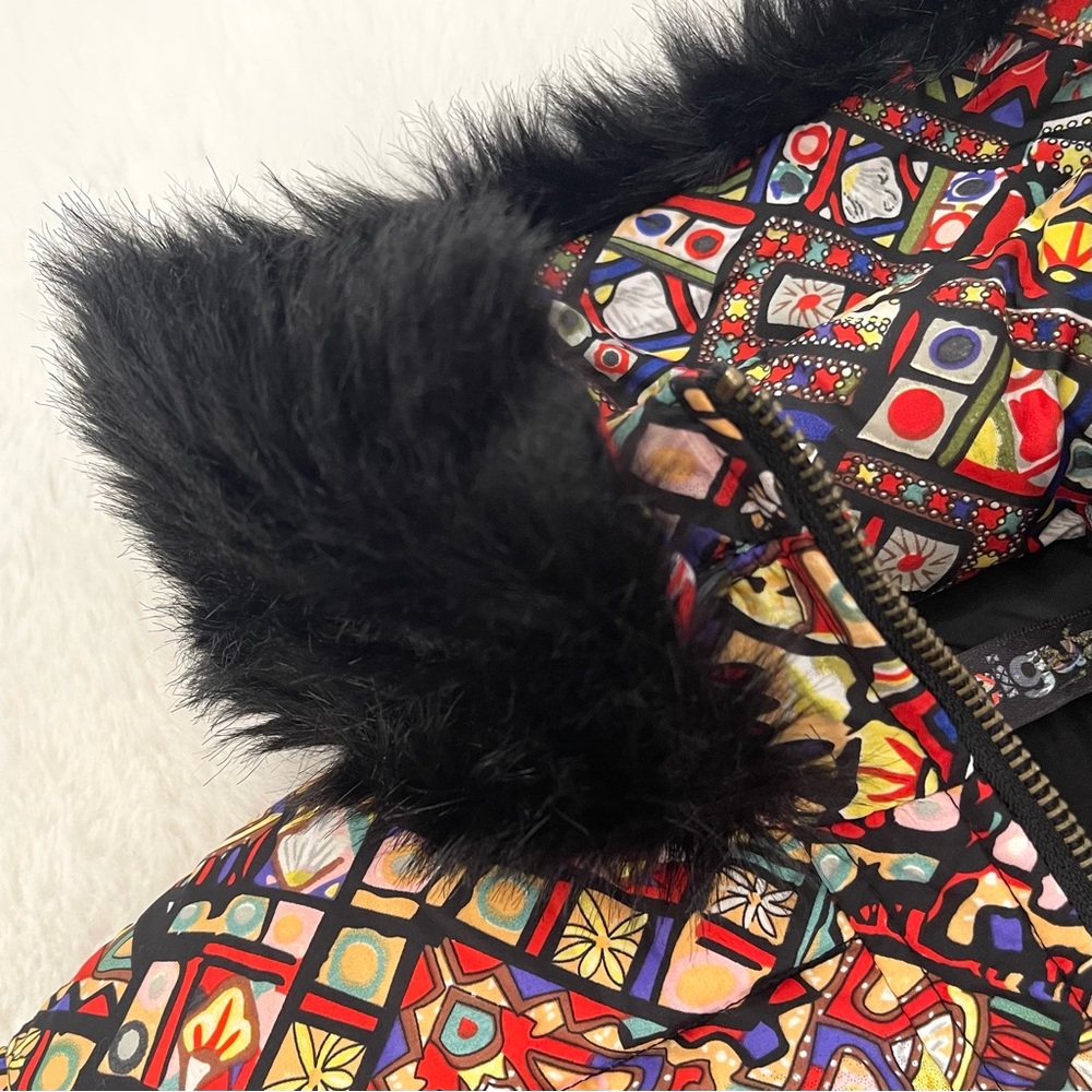 🤑 SALE Desigual Ombré Black Multi Fur trim Stained Glass Puffer Coat - Picture 11 of 14